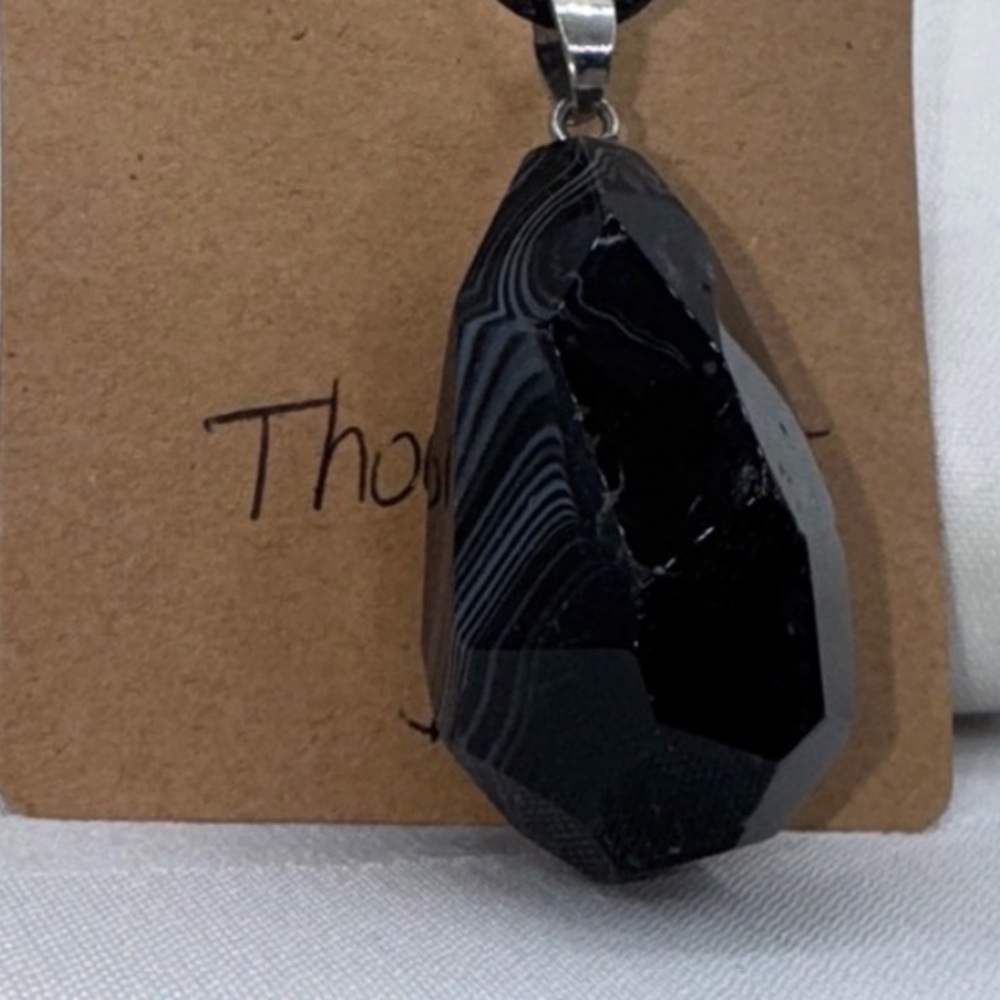 Thousand eye agate black, gray, and white natural stone 2” pendant on9” cord new
